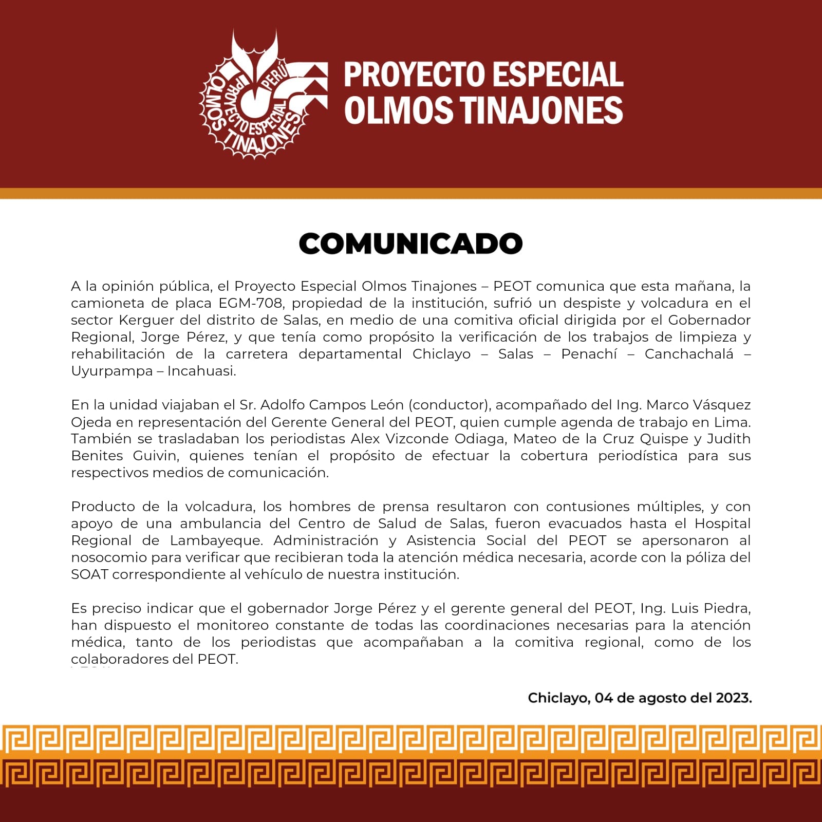 Comunicado Proyecto Especial Olmos Tinajones – PEOT
