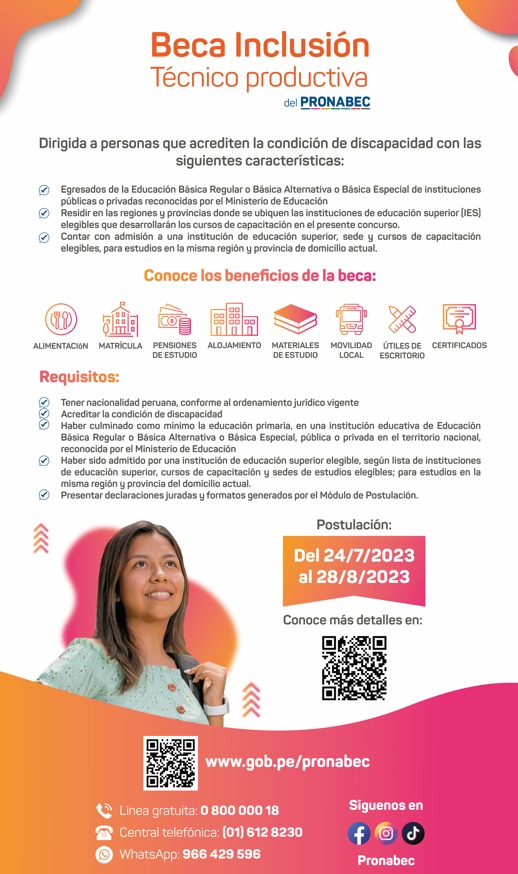 Peruanos con discapacidad podrán estudiar cursos de capacitación financiados con la Beca Inclusión Técnico Productiva 2023