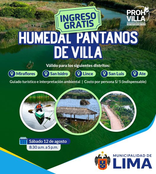 ¡Atención a los residentes de Miraflores, San Isidro, Lince, San Luis y Ate!
El sábado 12 de Agosto tendrán 𝗜𝗡𝗚𝗥𝗘𝗦𝗢 𝗟𝗜𝗕𝗥𝗘 al #HumedalPantanosDeVilla.