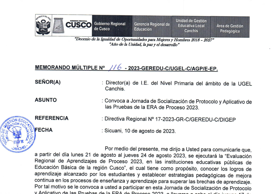MEMORANDO MÚLTIPLE Nº 116-2023-GEREDU-C/UGEL-C/AGP/E-EP.