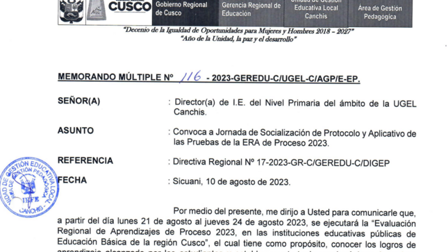 MEMORANDO MÚLTIPLE Nº  116-2023-GEREDU-C/UGEL-C/AGP/E-EP.