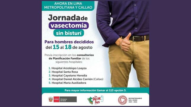 Minsa realizará gran jornada de vasectomía sin bisturí en Lima Metropolitana y Callao