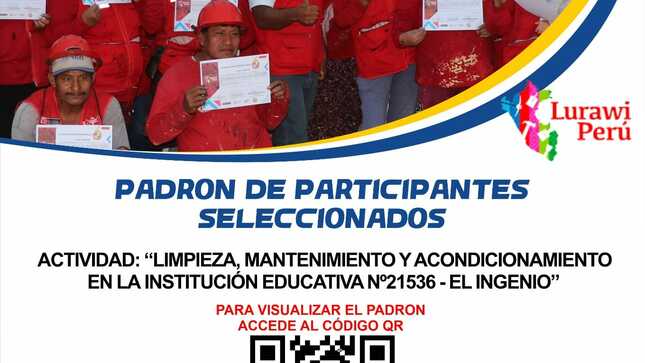 PADRÓN DE PARTICIPANTES BENEFICIARIOS PARA LA ACTIVIDAD DE INTERVENCIÓN INMEDIATA DE LURAWI PERÚ EN LA INSTITUCIÓN EDUCATIVA EL INGENIO