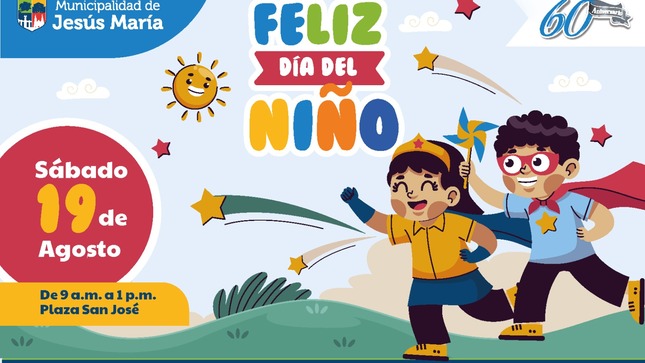 En el marco de las celebraciones por el Día del Niño 👦🏻👧🏻, los invitamos al gran homenaje que hemos preparado a todos nuestros pequeños jesusmarianos en la 📌 Plaza San José, donde podrán disfrutar de un show de burbujas 🫧, presentación de la Brigada Canina 🐕, taller de experimentos 🧪 , además de contar con módulos educativos. 🧩
👉🏻 La cita es este 🗓️ sábado 19 de agosto, de 9 a.m. a 1 p.m. 
No te pierdas la oportunidad de crear recuerdos inolvidables con familia, amigos y vecinos. 👨‍👩‍👧💙
#DíaDelNiño #JesúsMaríaSomosTodos