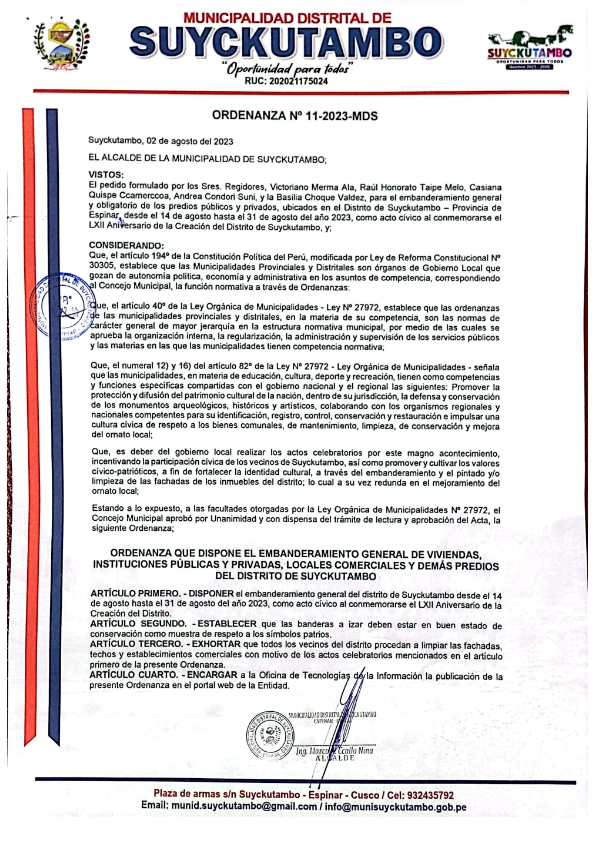Ordenanza que dispone el embanderamiento general de viviendas publicas y privadas, locales comerciales y demás predios del Distrito de Suyckutambo.