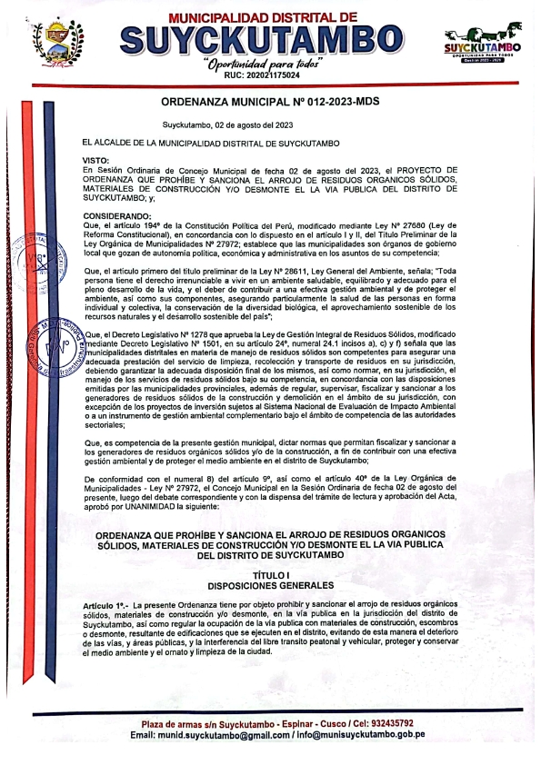 Ordenanza que prohíbe y sanciona el arrojo de residuos orgánicos, sólidos, materiales de construcción y/o desmonte en la vía pública del Distrito de Suyckutambo.