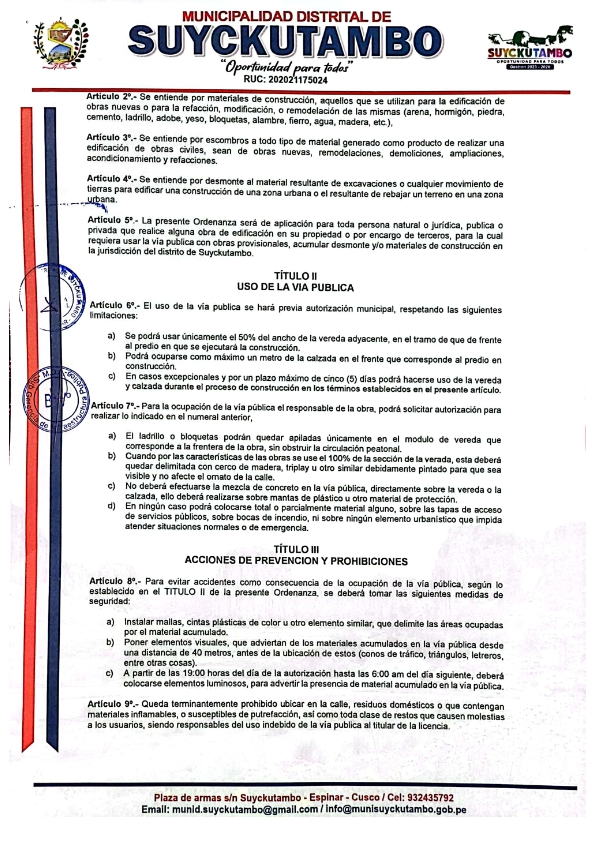 Ordenanza que prohíbe y sanciona el arrojo de residuos orgánicos, sólidos, materiales de construcción y/o desmonte en la vía pública del Distrito de Suyckutambo.