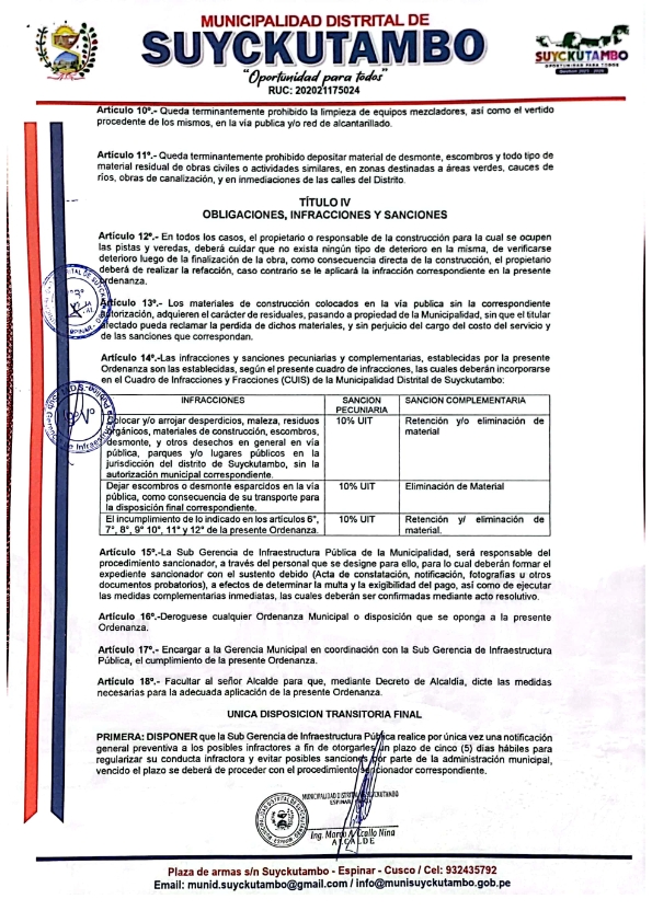 Ordenanza que prohíbe y sanciona el arrojo de residuos orgánicos, sólidos, materiales de construcción y/o desmonte en la vía pública del Distrito de Suyckutambo.