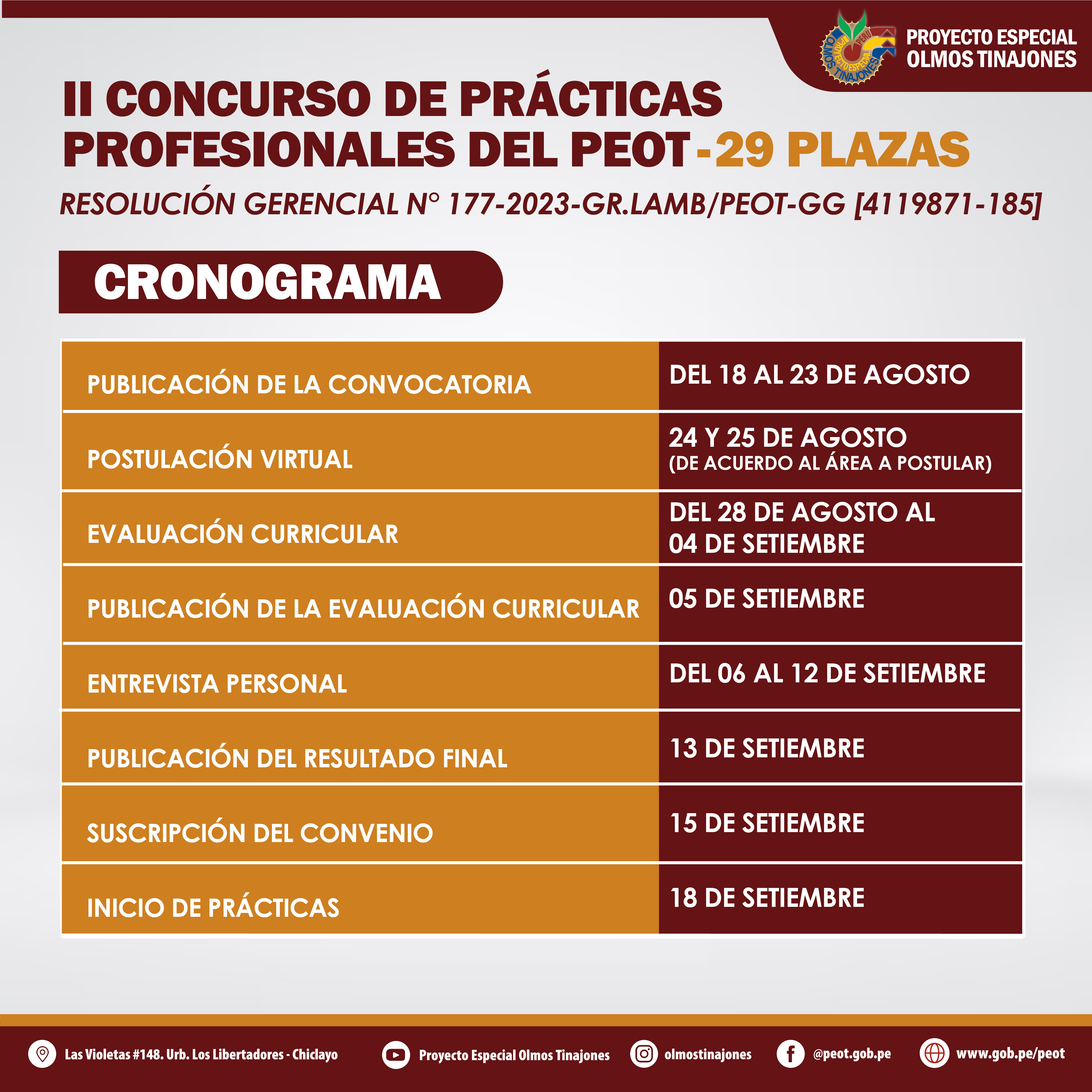 Cronograma del Segundo Concurso Virtual para Prácticas Profesionales en el PEOT