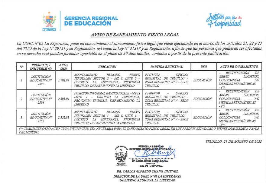 PULICACIÓN DE SANEAMIENTO FISICO LEGAL DE 3 II.EE.