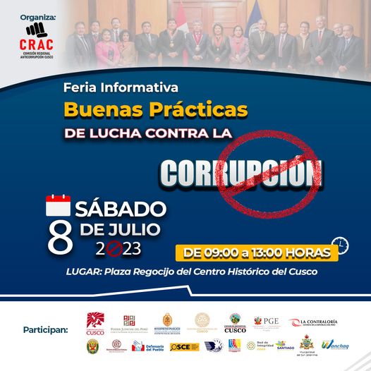 Comisión Regional Anticorrupción de Cusco realizará Primera Feria Informativa "Buenas Prácticas de Integridad y Lucha contra la Corrupción"