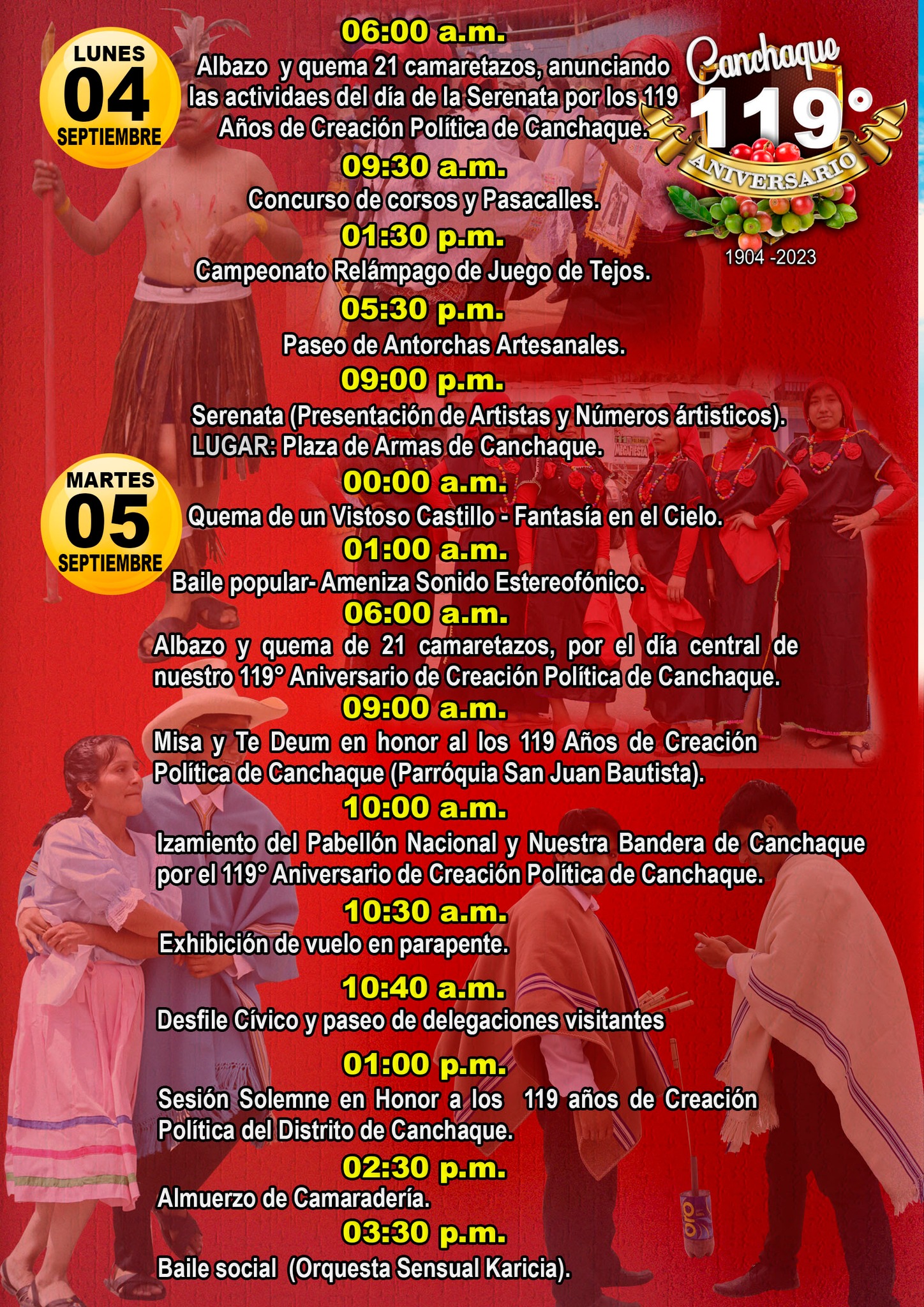  Programa de actividades en honor a los 119 años de Creación Política del Distrito de Canchaque