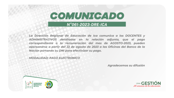 Pago de Remuneraciones Correspondiente Agosto 2023 - Docentes y Administrativos