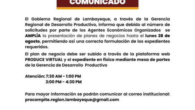 SE AMPLIA PLAZO DE ENTREGA DE PLANES DE NEGOCIO