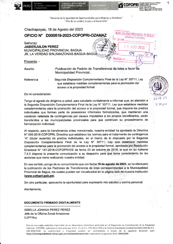 Oficio N° D000519-2023-COFOPRI-OZAMAZ