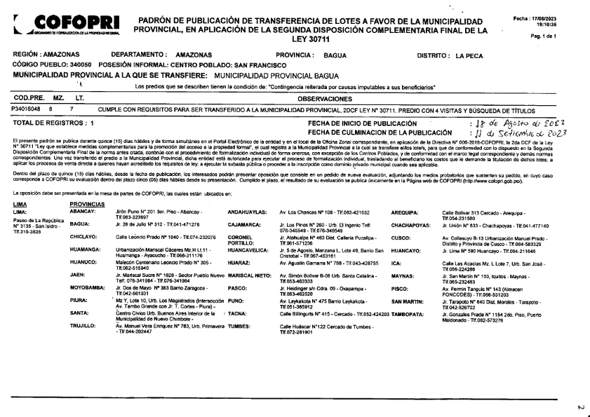 Oficio N° D000519-2023-COFOPRI-OZAMAZ