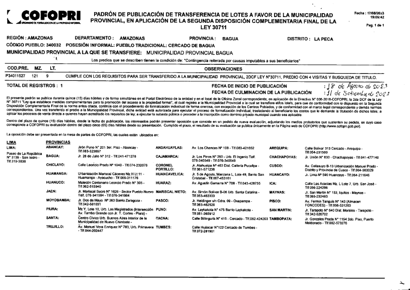 Oficio N° D000519-2023-COFOPRI-OZAMAZ
