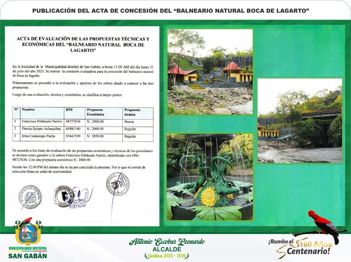 Acta de evaluación de las propuestas técnicas y económicas del Balneario Natural Boca de Lagarto