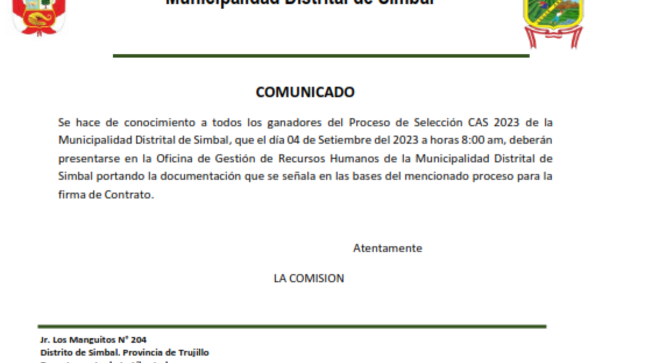 Proceso de Selección CAS 2023 de la Municipalidad Distrital de Simbal