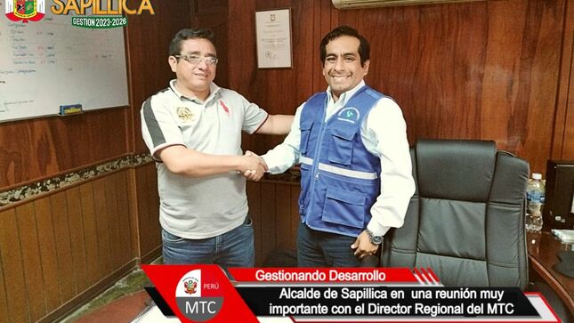  La actual Gestión tiene el firme compromiso de buscar el progreso y desarrollo de Nuestro Distrito de Sapillica y caseríos . Es por ello que el día de hoy  nuestro alcalde ing. Alex Garcés Colupu   acudió hasta las oficinas del Ministerio de Transportes y Comunicaciones (MTC) de la región Piura, para tener una importante reunión con el Director de dicha institución ing. César Octavio  Nizama García.  

En dicha reunión se coordino  el pronto mantenimiento de  la trocha carrozable desde el caserío de Cacaturo hasta el corazón de Nuestro Distrito y de Nuestro Distrito hasta el Caserío del Centro Poblado de Coletas. 