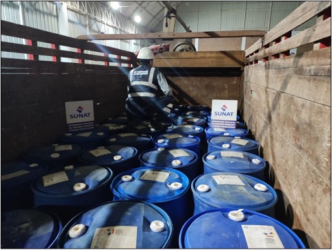 Operativo permitió detectar vehículo de transporte de carga trasladando 9,600 kilogramos de “Hipoclorito de Sodio”, (insumo químico sustituto), sin la documentación pertinente.