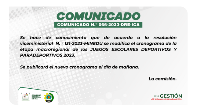 ¡Atención! al comunicado oficial N.º 066-2023-DRE-ICA