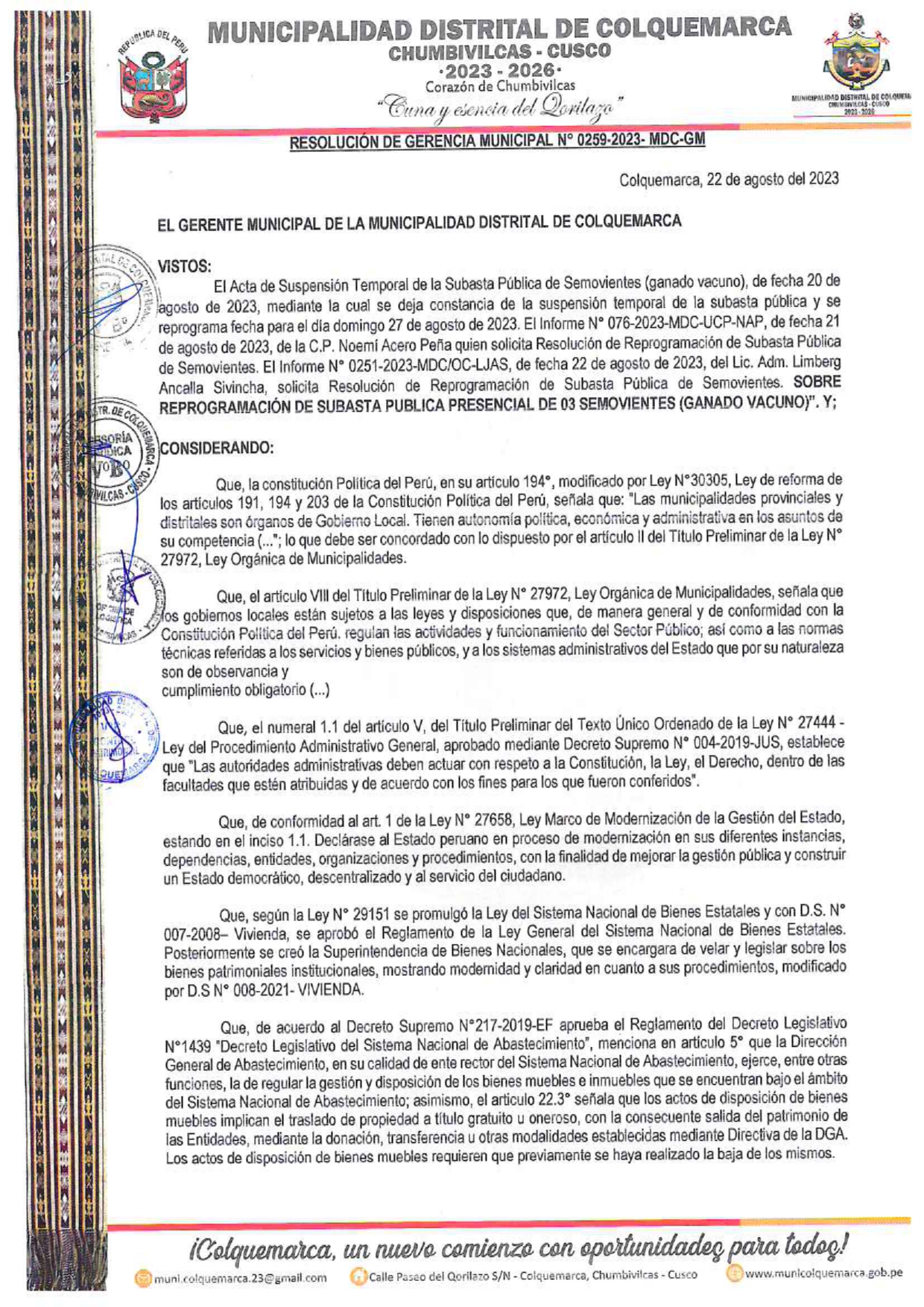 reprogramacion  de subasta  publica presencial  de 03 semovientes (ganado  vacuno )y,..