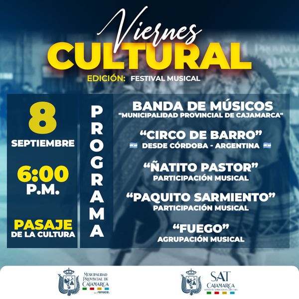 Este viernes estaremos con mucho arte, circo y cultura. Ven y disfruta de nuestro Viernes Cultural en su edici贸n: 饾悈饾悶饾惉饾惌饾悽饾惎饾悮饾惀 饾悓饾惍饾惉饾悽饾悳饾悮饾惀 馃コ
馃搷Pasaje De La Cultura
馃搮 Viernes 08 de septiembre
馃暓 6:00 p. m.