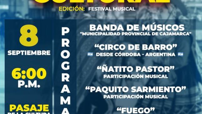 Este viernes estaremos con mucho arte, circo y cultura. Ven y disfruta de nuestro Viernes Cultural en su edición: 𝐅𝐞𝐬𝐭𝐢𝐯𝐚𝐥 𝐌𝐮𝐬𝐢𝐜𝐚𝐥 🥳
📍Pasaje De La Cultura 
📅 Viernes 08 de septiembre  
🕧 6:00 p. m. 
