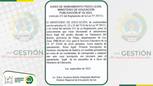 Aviso de saneamiento físico legal / Ministerio de Educación - publicación N. ° 02-2023