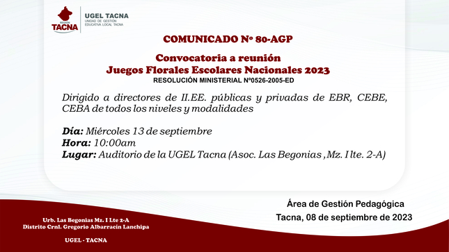 Comunicado Nº80-2023-AGP-UGEL.TACNA-DRET