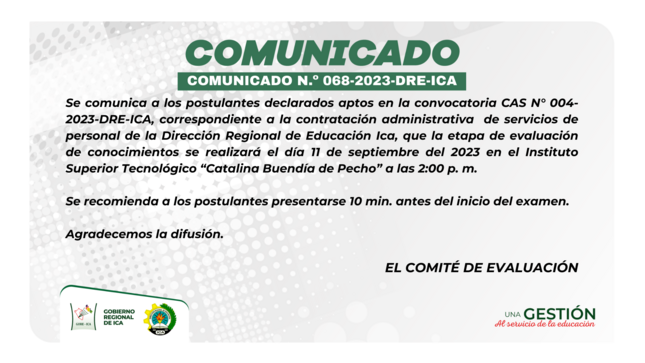 ¡Atención! al comunicado oficial N.º 068-2023-DRE-ICA