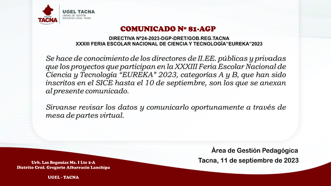 Comunicado Nº81-2023-AGP-UGEL.TACNA-DRET