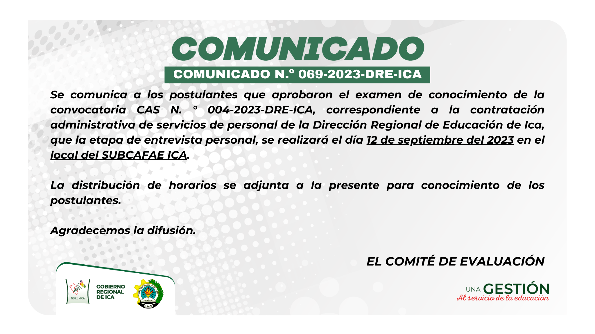 Atención al comunicado oficial N.º 069-2023-DRE-ICA.
