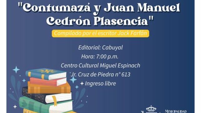 Compilado por el escritor Jack Farfán 
🔎El libro compendia resúmenes de las obras del autor contumacino, así como notas periodísticas de las mismas, por algunos periodistas de renombre; poemas, reconocimientos por su loable trayectoria literaria. Tras publicar su primer libro: "Páginas a Chilete" (1983), la crítica peruana no ha dejado de citarlo. Tesis, un libro de historia, diarios, entre otras publicaciones lo citan. Afincado en el pueblo de Jesús, Juan Cedrón también es herrero, maestro, pintor y músico. 
⏰Hora: 7:30 p.m. 
📍Lugar: Centro Cultural Miguel Espinach, Jr. Cruz de Piedra n° 613
👉Ingreso libre