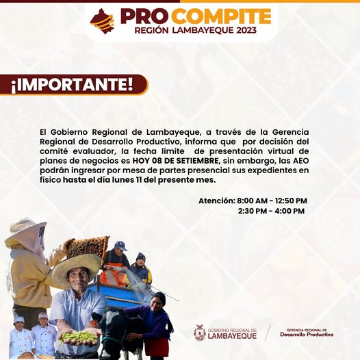 informa que hoy 08 de setiembre es el último día de presentación de planes de negocio mediante Produce Virtual, sin embargo, podrán ingresar sus expedientes en físico hasta el día lunes 11 del presente mes.