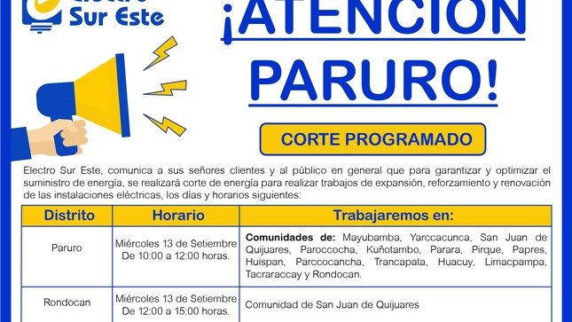 Información Corte Programado día Miércoles 13 de Setiembre - Paruro