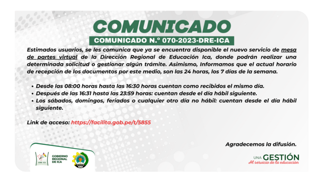 Atención a los usuarios al comunicado oficial N.º 070-2023-DRE-ICA