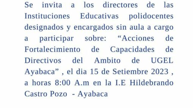 📌Taller "Acciones de Fortalecimiento de Capacidades de Directivos del Ambito de UGEL Ayabaca"
Se adjunta enlace  de acceso a la relación de Directivos: