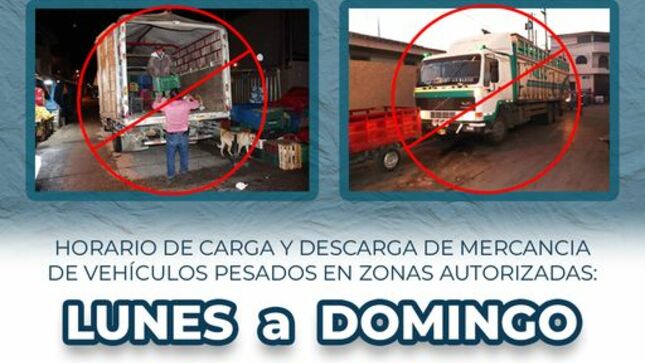 Recuerda que el horario de carga y descarga de mercancía de vehículos pesados en zonas autorizadas es de 𝐋𝐔𝐍𝐄𝐒 𝐚 𝐃𝐎𝐌𝐈𝐍𝐆𝐎 de 𝟏𝟎:𝟎𝟎 𝐩. 𝐦. 𝐚 𝟓:𝟎𝟎 𝐚. 𝐦.
𝐑𝐄𝐒𝐏𝐄𝐓𝐀 la ordenanza municipal 𝐍° 𝟖𝟐𝟗 -𝐂𝐌𝐏𝐂