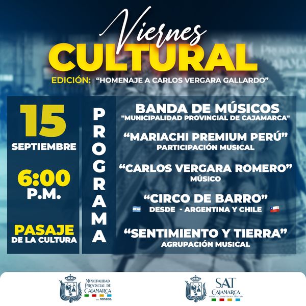 Este viernes estaremos con mucho arte y cultura. Ven y disfruta de nuestro Viernes Cultural en su edici贸n: Homenaje a Carlos Vergara Gallardo.
馃搷Pasaje de la Cultura
馃搮 Viernes 15 setiembre
馃暓 6:00 p. m.