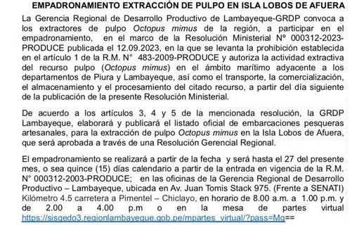 Convocatoria a los extractores de pulpo de la región a participar en el empadronamiento, en el marco de la Resolución Ministerial Nº 00312-2023-PRODUCE.