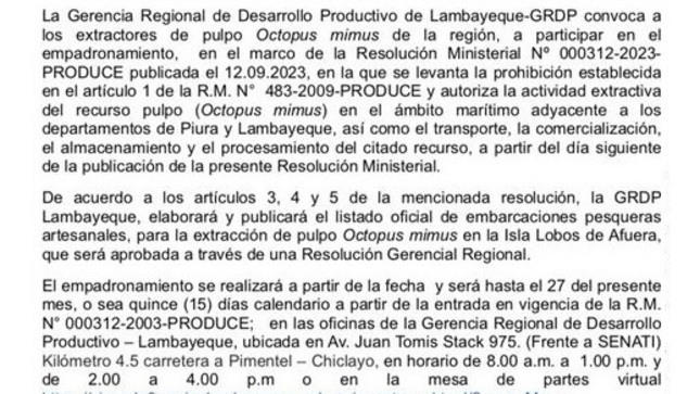 Convocatoria a los extractores de pulpo de la región a participar en el empadronamiento, en el marco de la Resolución Ministerial Nº 00312-2023-PRODUCE.