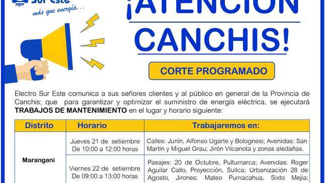Información de Corte Programado dias 21 y 22 de setiembre - Marangani 