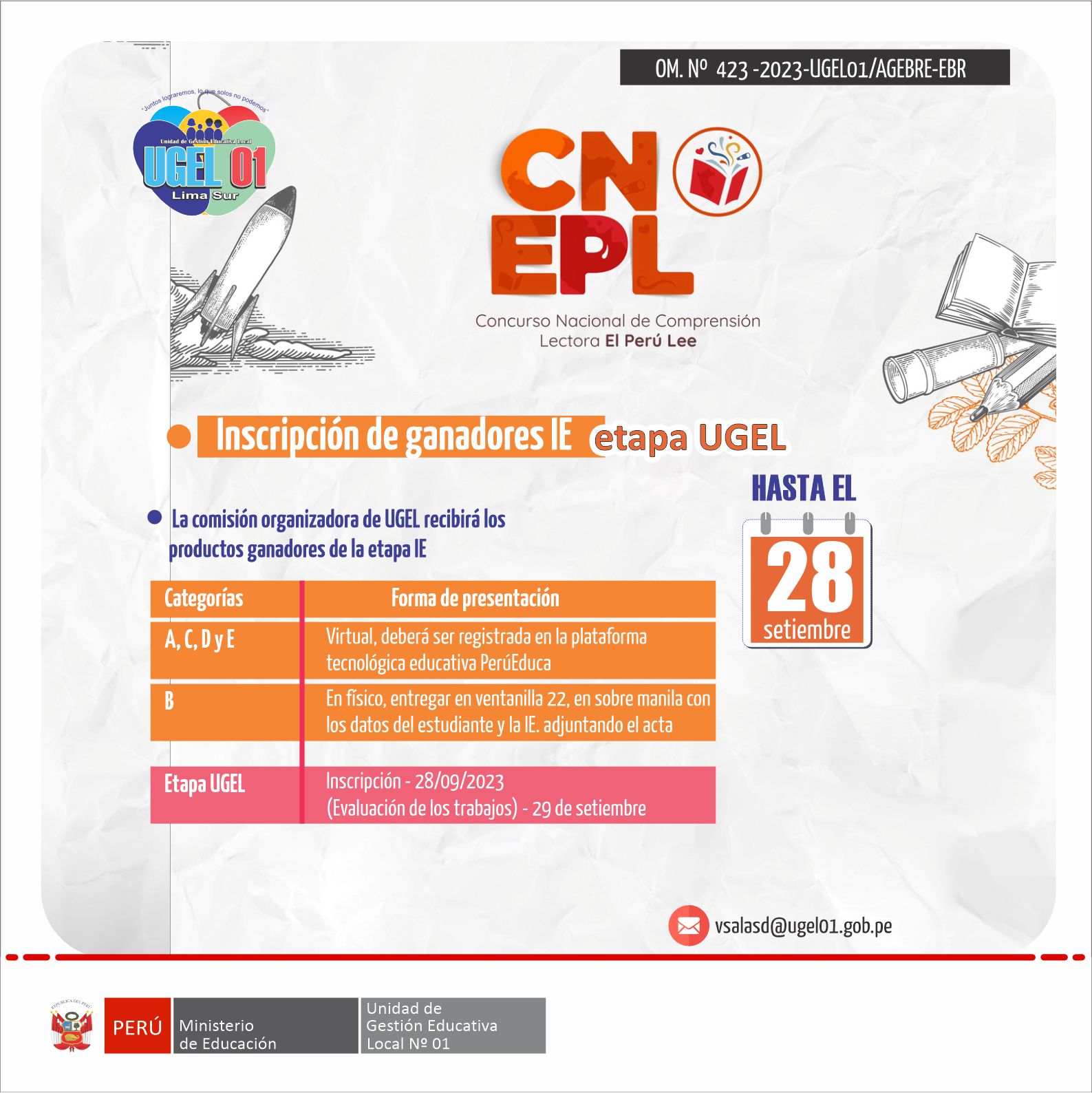 Inscripción de ganadores IE en la etapa UGEL concurso nacional de comprensión lectora 2023 “EL PERÚ LEE”
