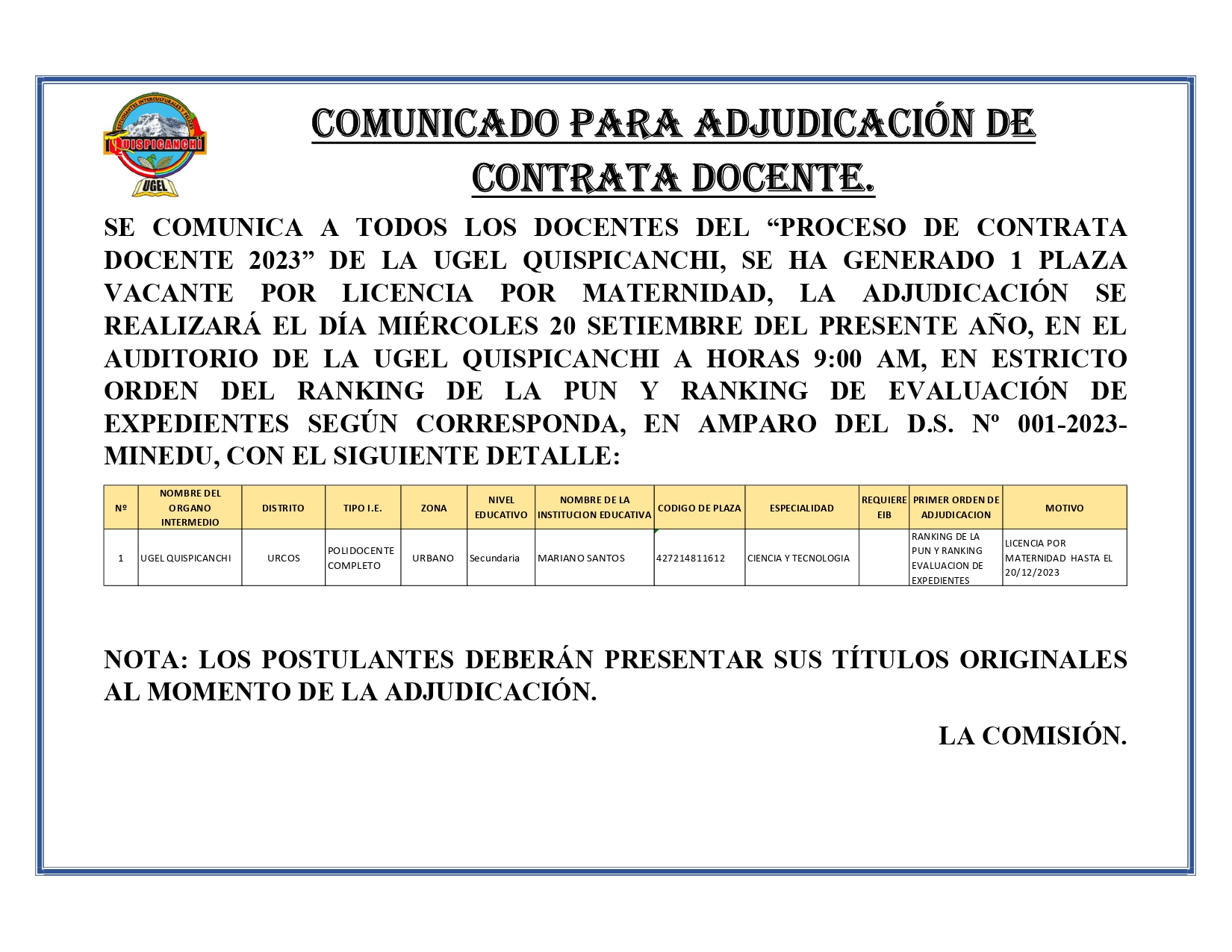 comunicado de contrata docente