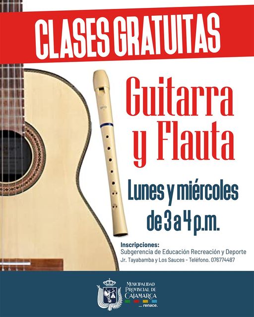Súmate a nuestro taller gratuito de GUITARRA Y FLAUTA ofrecido por la subgerencia de Educación, Recreación y Deporte.
Inscripciones e informes: 𝐉𝐫. 𝐓𝐚𝐲𝐚𝐛𝐚𝐦𝐛𝐚 𝐲 𝐋𝐨𝐬 𝐒𝐚𝐮𝐜𝐞𝐬
