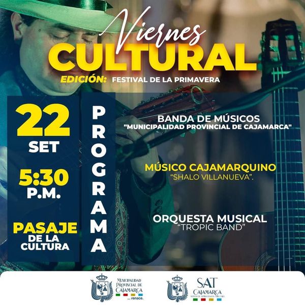 Este viernes volveremos a vivir la experiencia de nuestro "Viernes Cultural". Ven en familia y disfruta de la presentaci贸n del maestro "Shalo Villanueva" y la agrupaci贸n "Tropic Band".
馃搷Pasaje De La Cultura
馃搮 Viernes 22 de setiembre
馃暓 5:30 p. m.