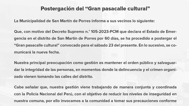 Postergación del “Gran pasacalle cultural”