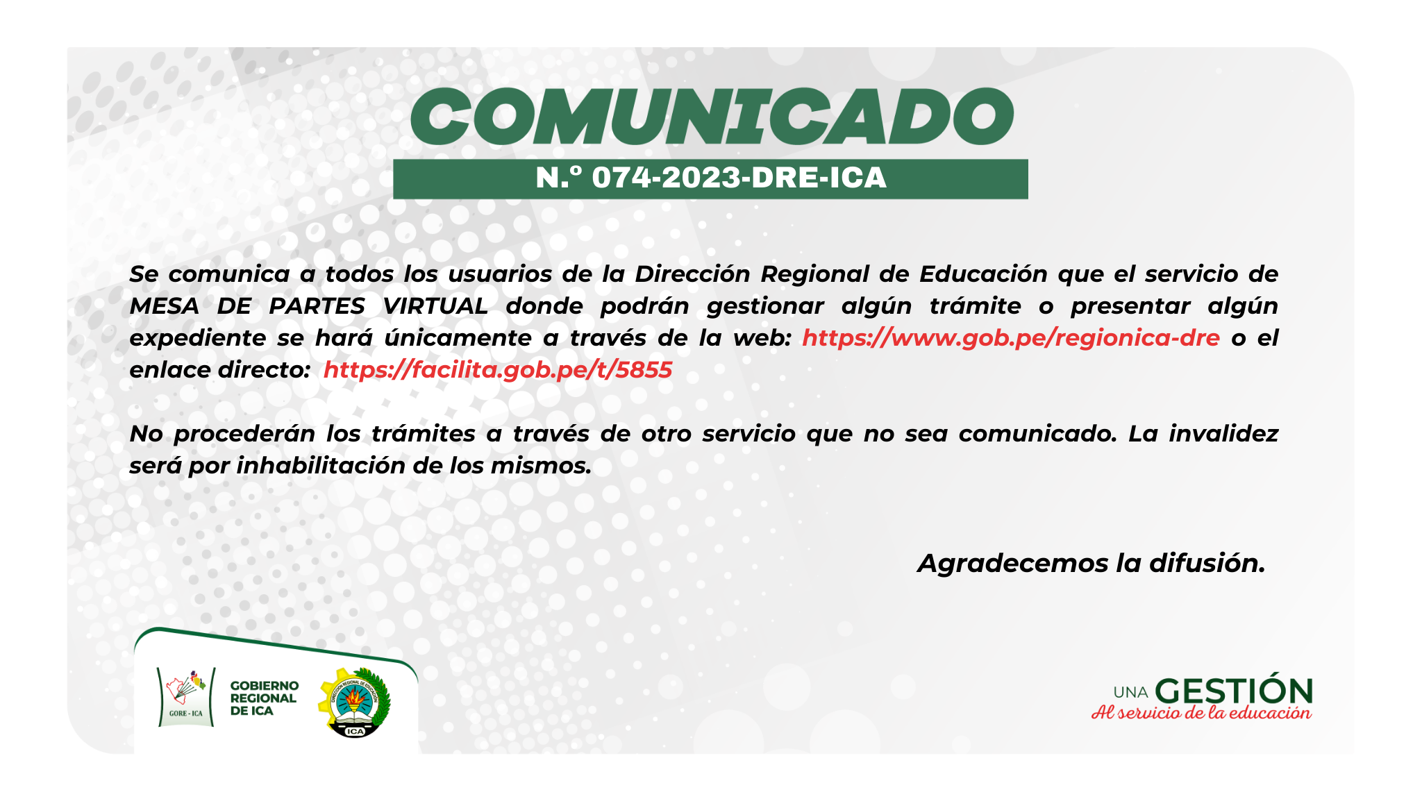Comunicado oficial N.º 074-2023-DRE-ICA